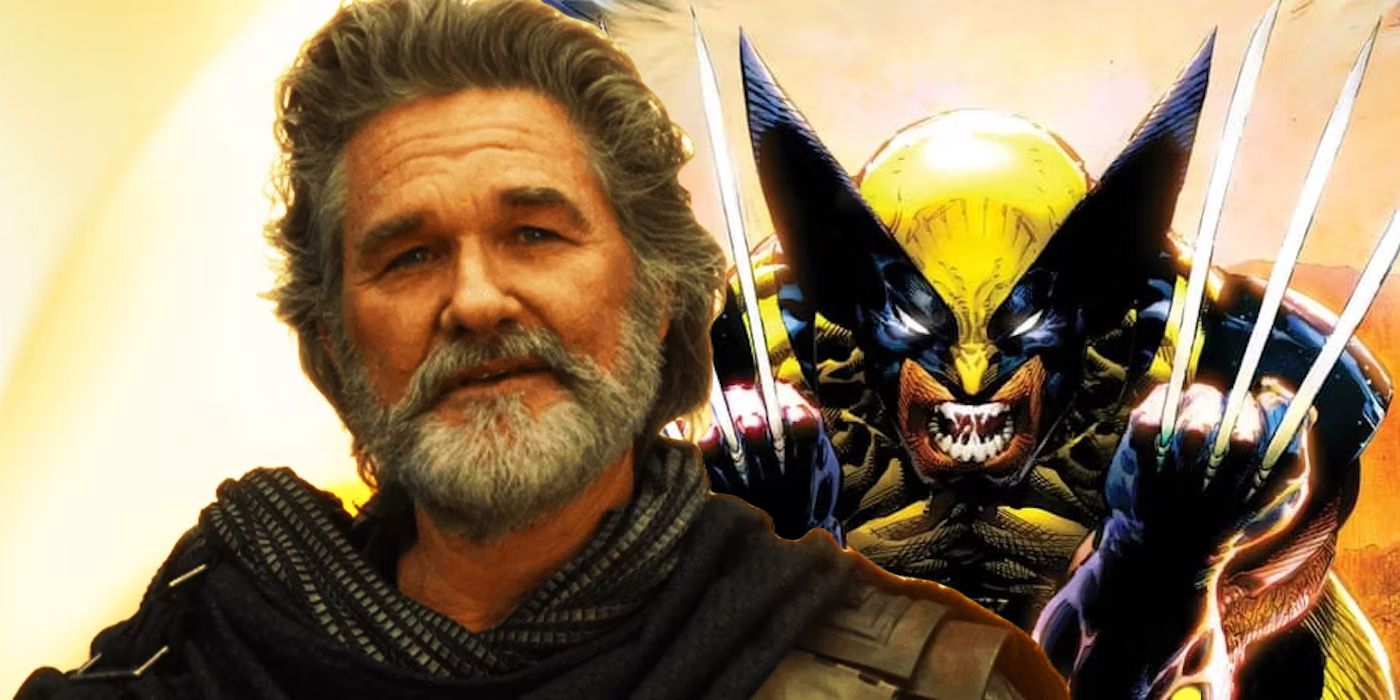 Split image of Kurt Russell as Ego in front of Wolverine from Marvel comics