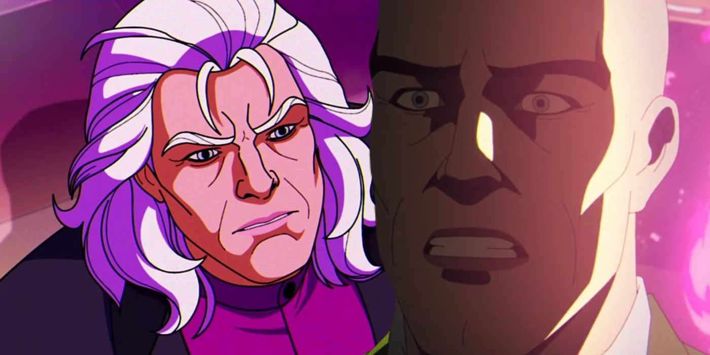 Split image of Magneto looking up and Xavier looking scared in X-Men '97