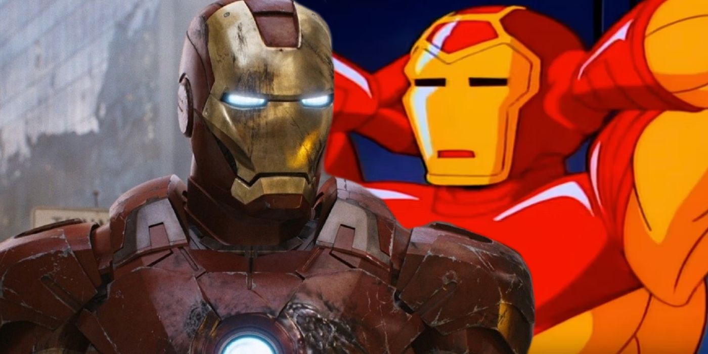 Split image of MCU Iron Man and Animated Series Iron Man