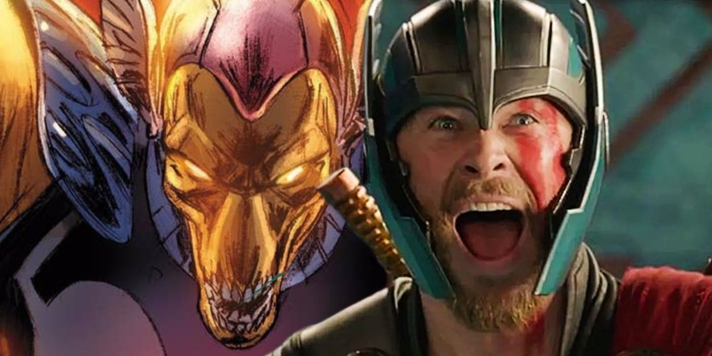 Imagem dividida de MCU Thor em Thor Ragnarok parecendo feliz e Beta Ray Bill nos quadrinhos