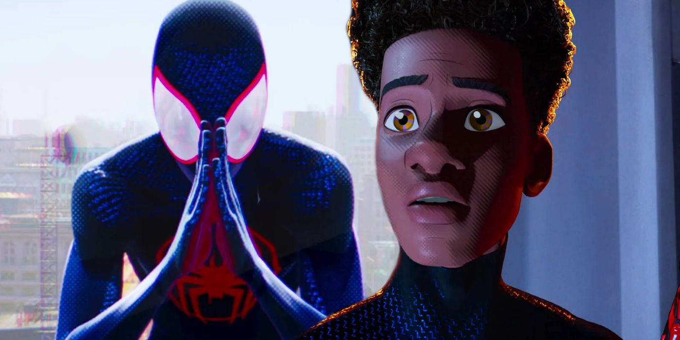 Split image of Spider-Man with his hands pressed together and a shocked looking Miles Morales with his mask off