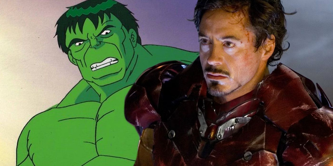 Split image of the animated series Hulk looking angry and MCU's Iron Man in his armor with the helmet off