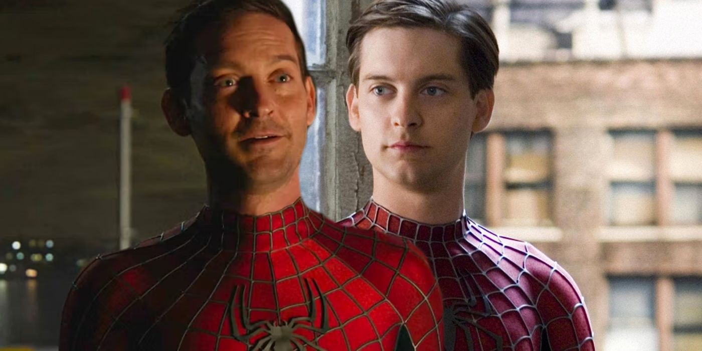 Split image of Tobey Maguire as Spider-Man in 2002 and in No Way Home