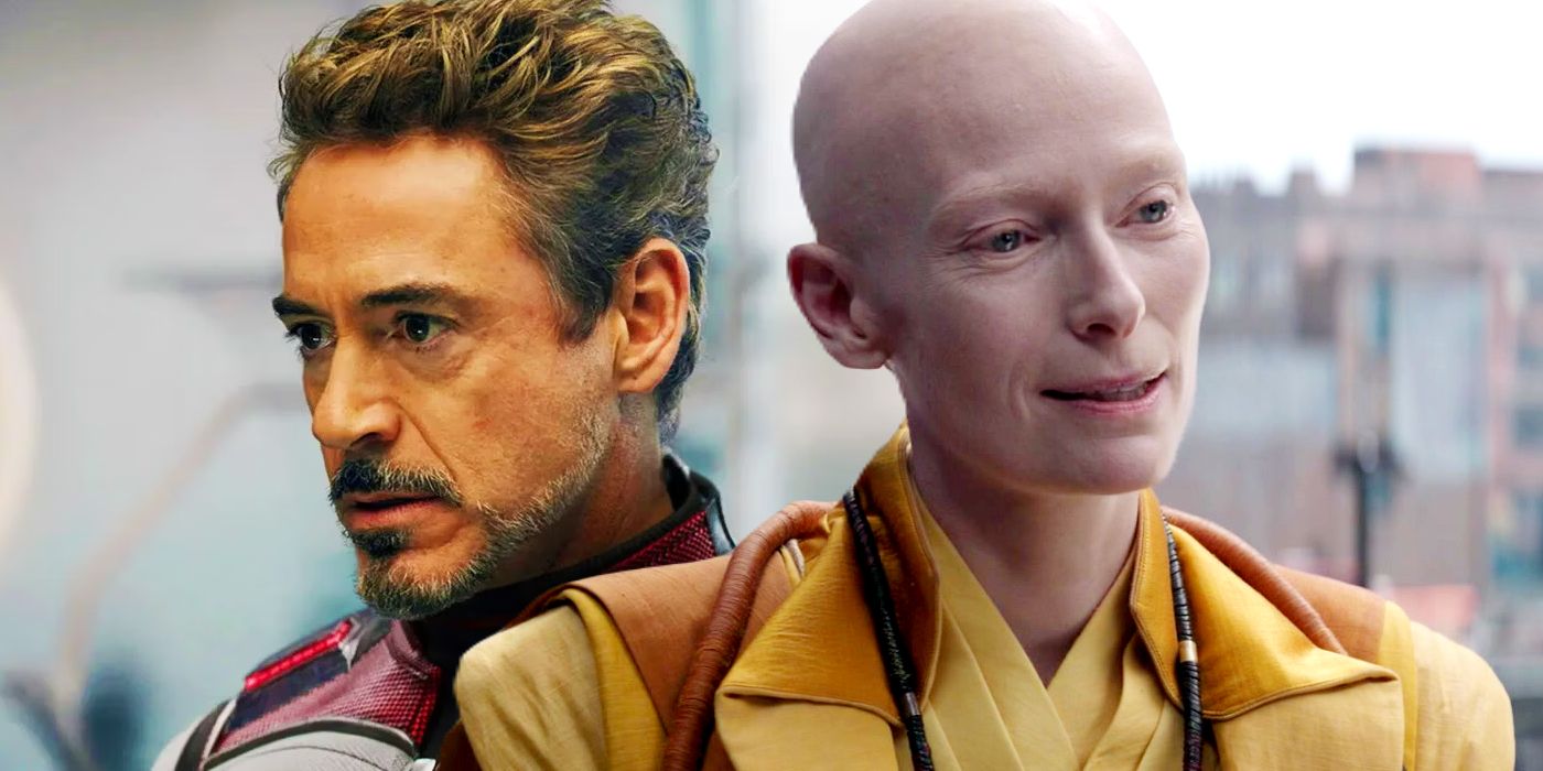 Split image of Tony Stark looking determined and the Ancient One smirking in the MCU