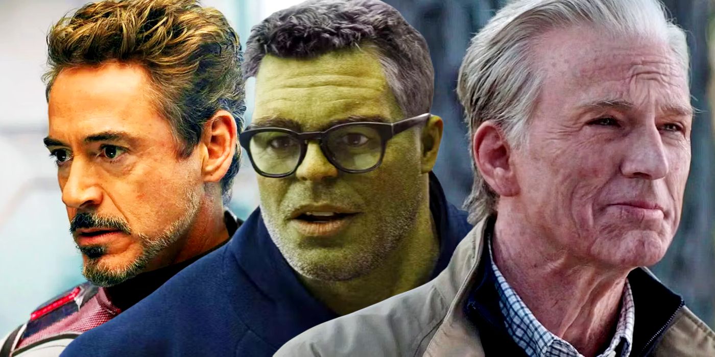Split image of Tony Stark, Smart Hulk, and Old Steve Rogers in Avengers Endgame