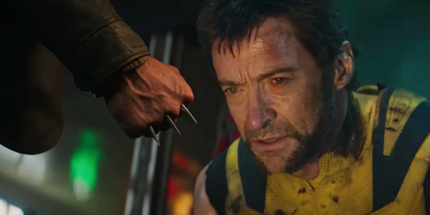 Imagem dividida das garras de Wolverine pela metade e Wolverine parecendo cansado enquanto conversava em Deadpool & Wolverine