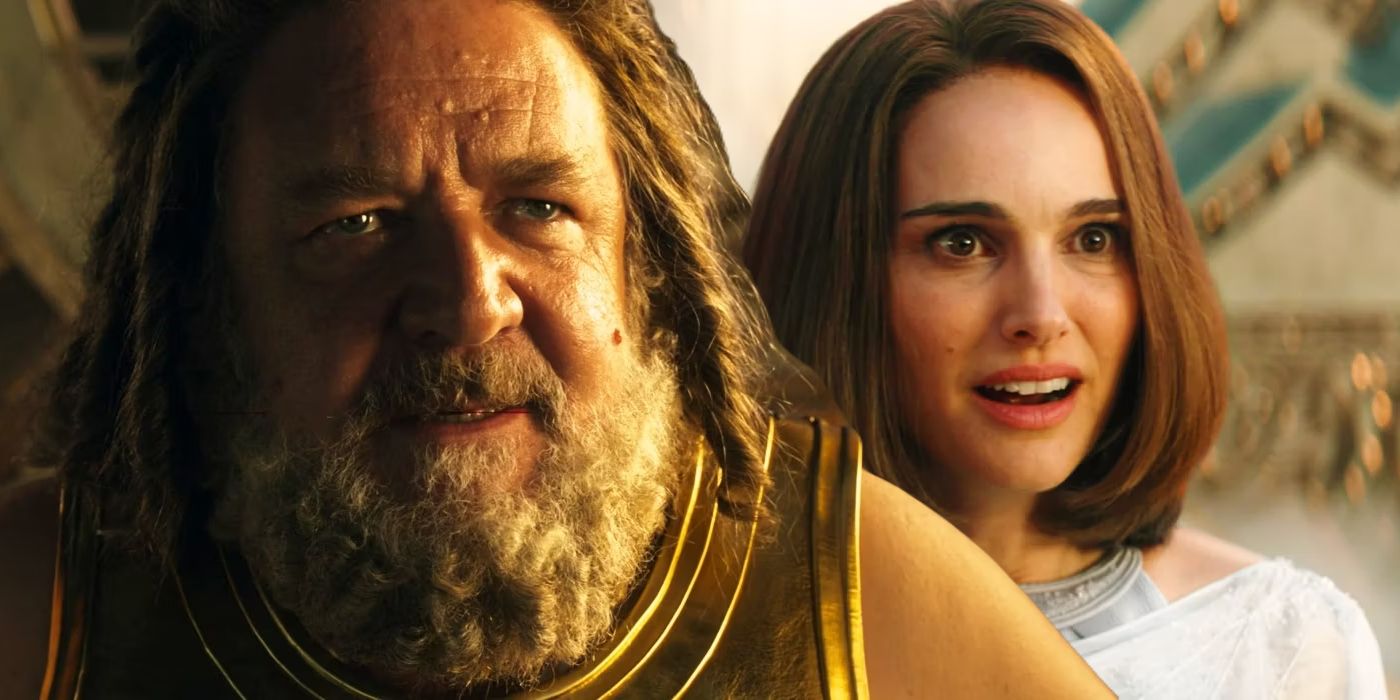Split image of Zeus speaking sternly and Jane foster looking amazed in Thor Love and Thunder