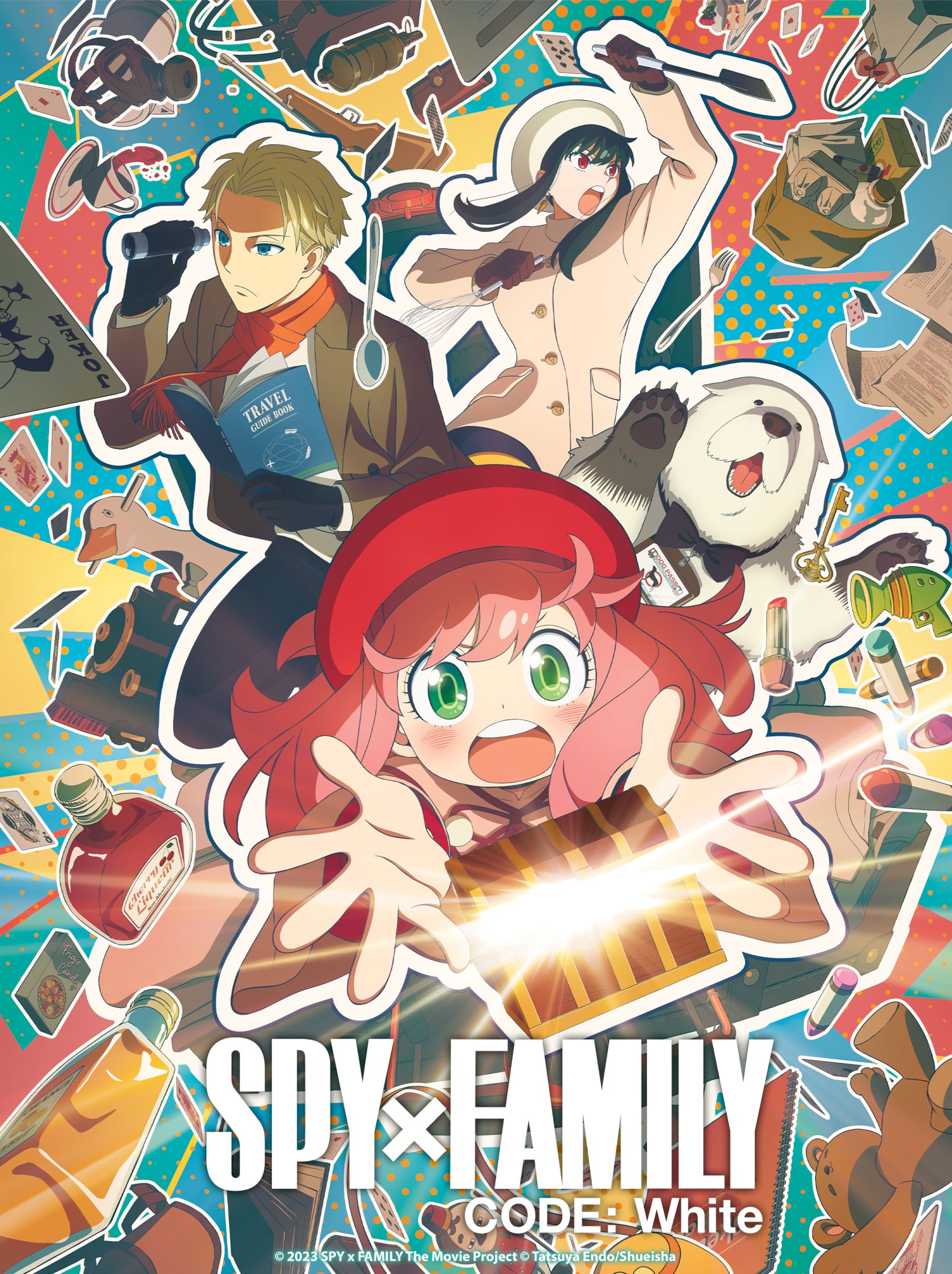 SPY x FAMILY CODE White Movie Poster Art shows Anya trying to grab a glowing treasure chest, while her family Loid, Yor, and Bond the dog are behind her with a colorful background.