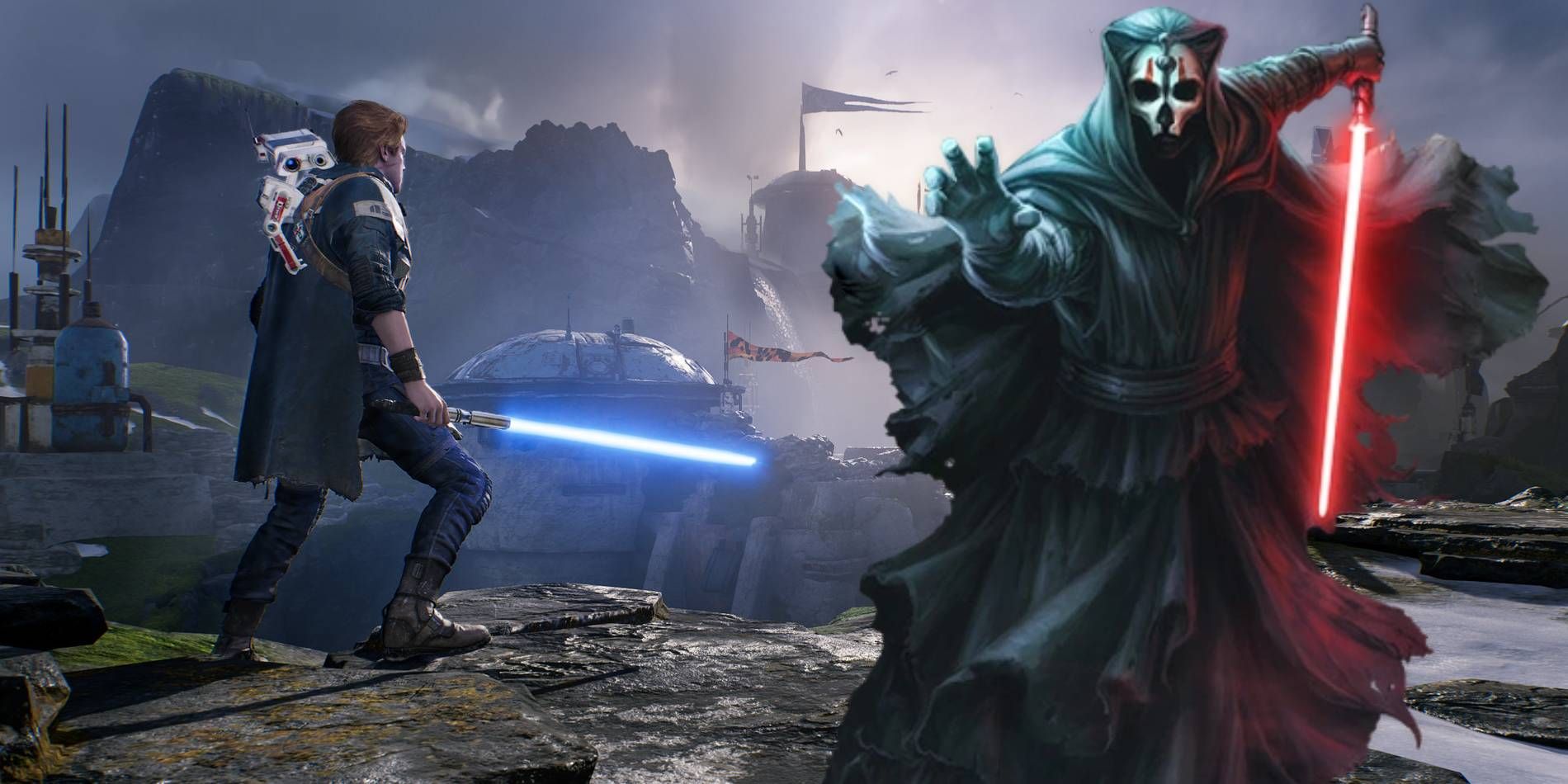 Star Wars Jedi: Fallen Order Cal staring over planet with Darth Nihilus from Knights of the Old Republic 2