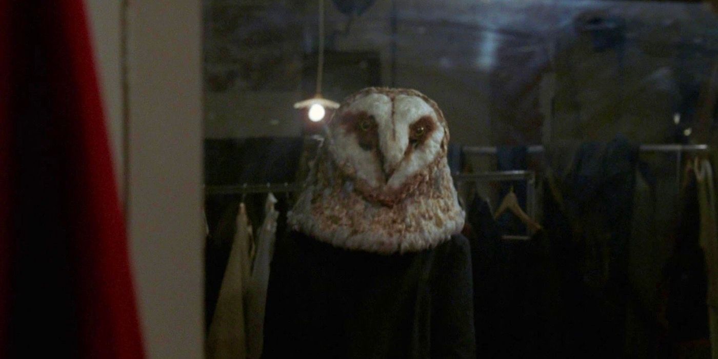 A man wearing a large owl head is staring ominously into the mirror. 