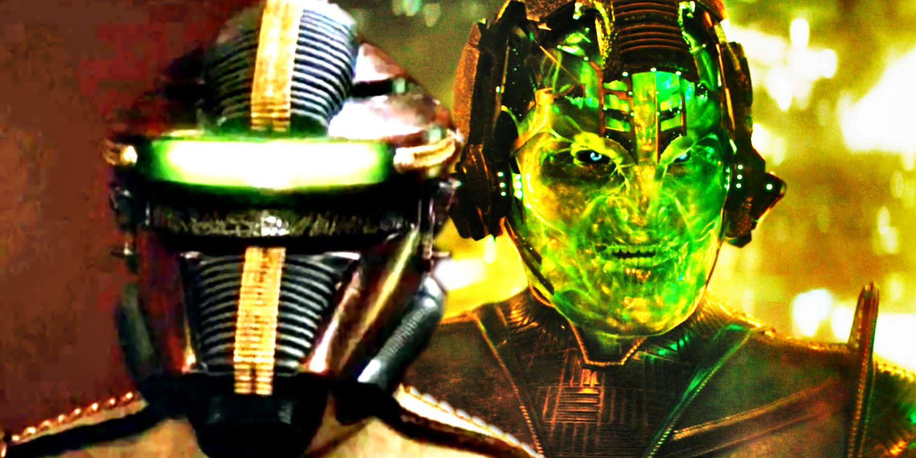A Breen wearing a helmet, and the green jelly-like face of a Breen in Star Trek: Discovery