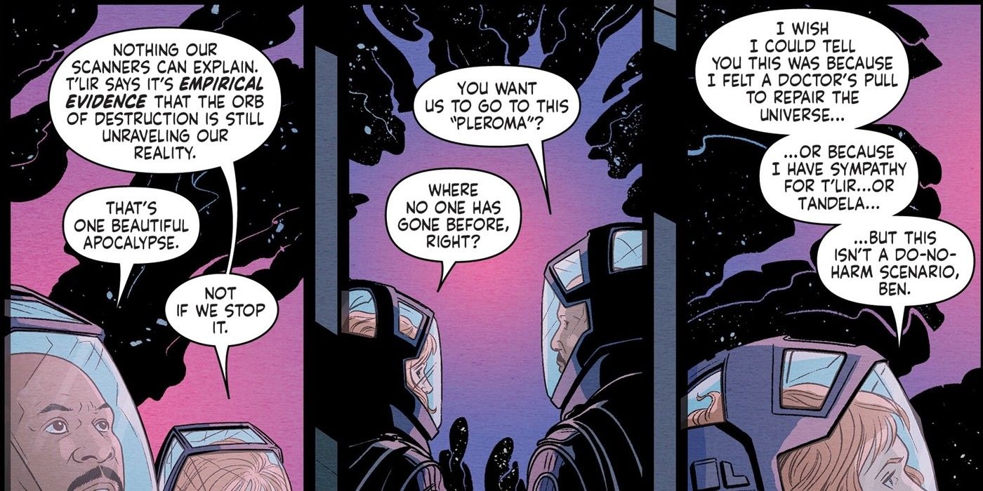 Três painéis do Doutor Crusher e do Capitão Sisko conversando