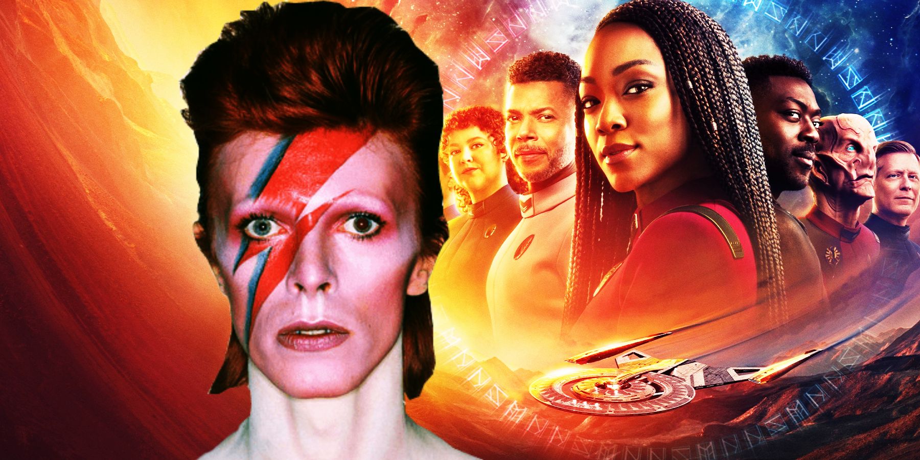 David Bowie from the cover of Aladdin Sane and the cast of Star Trek: Discovery