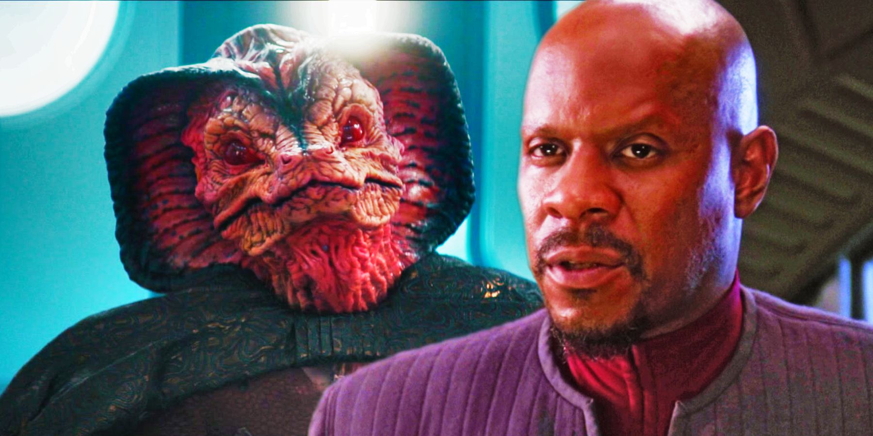 A reptile-like alien in robes and Captain Sisko in his grey DS9 uniform