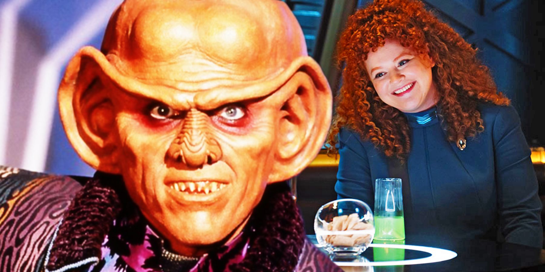Quark smiles at the camera while Lt. Tilly enjoys a green drink