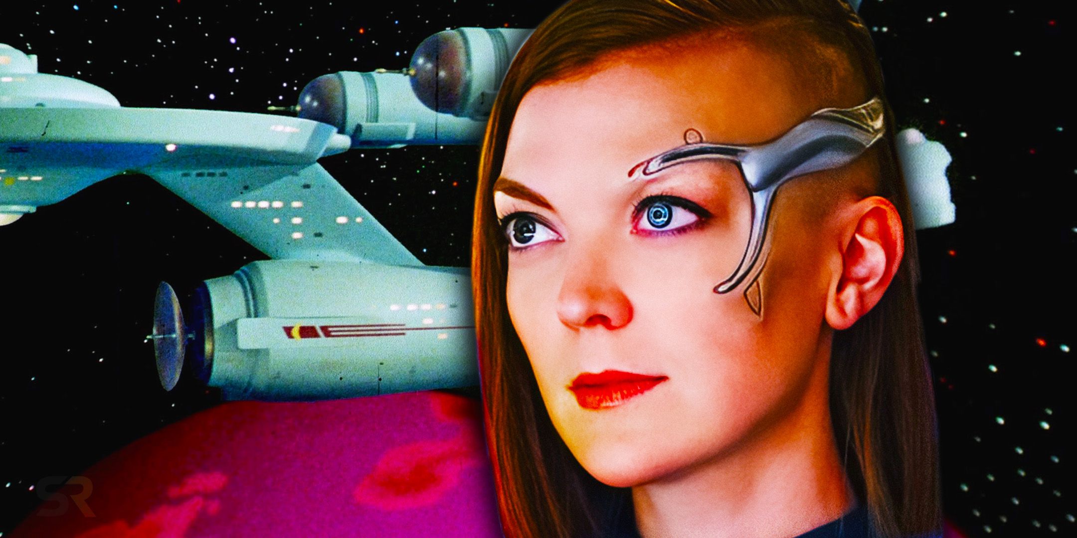 Keyla Detmer from Star Trek: Discovery stands looking off to the side with the USS Enterprise from Star Trek: TOS orbiting a planet in the background.