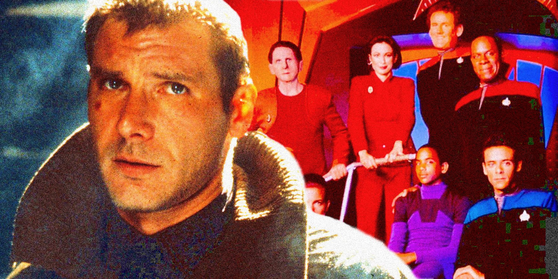 Harrison Ford as Rick Deckard and the cast of Star Trek: DS9