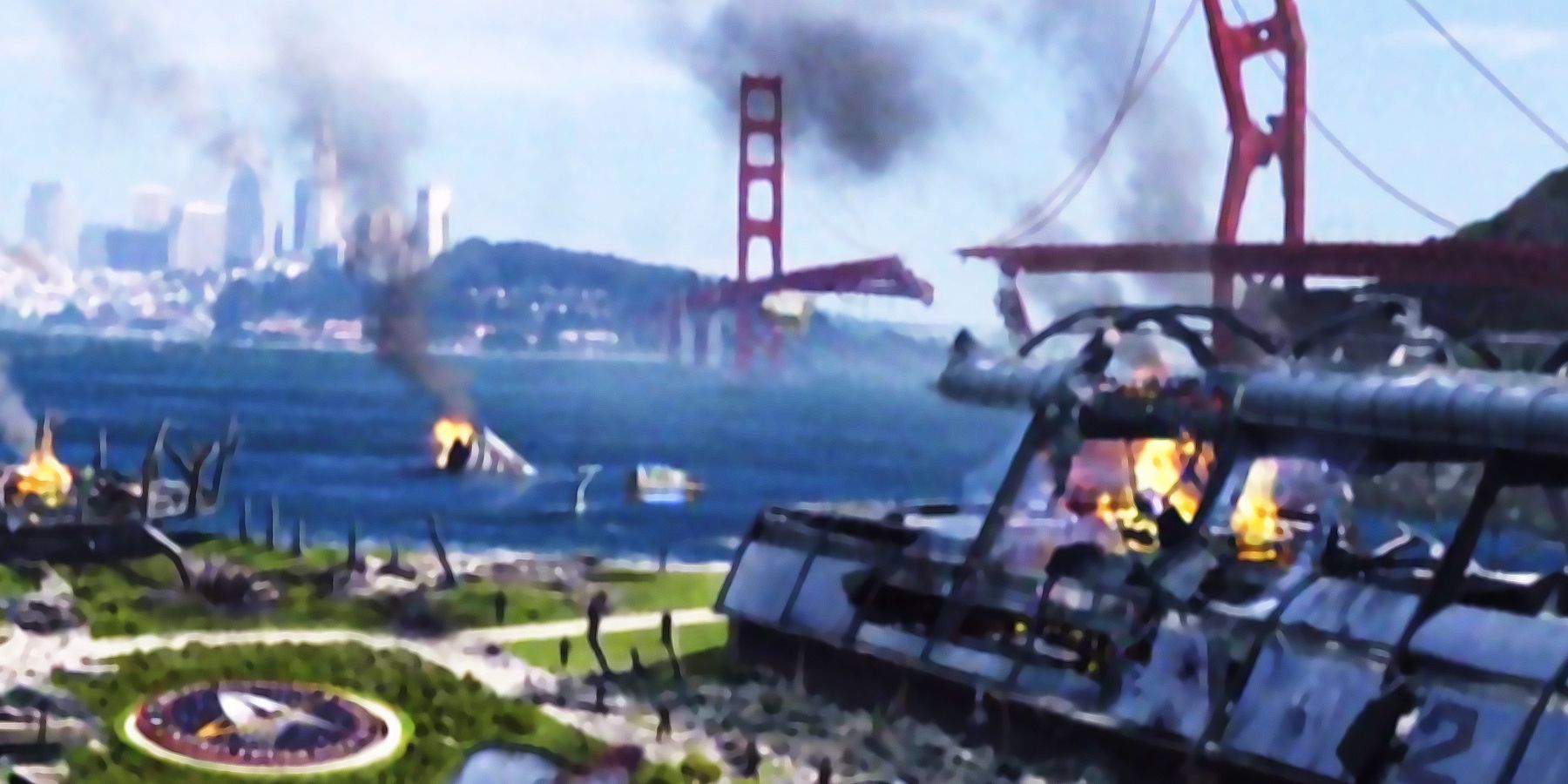 The Golden Gate bridge in ruins as Starfleet HQ lies smoking