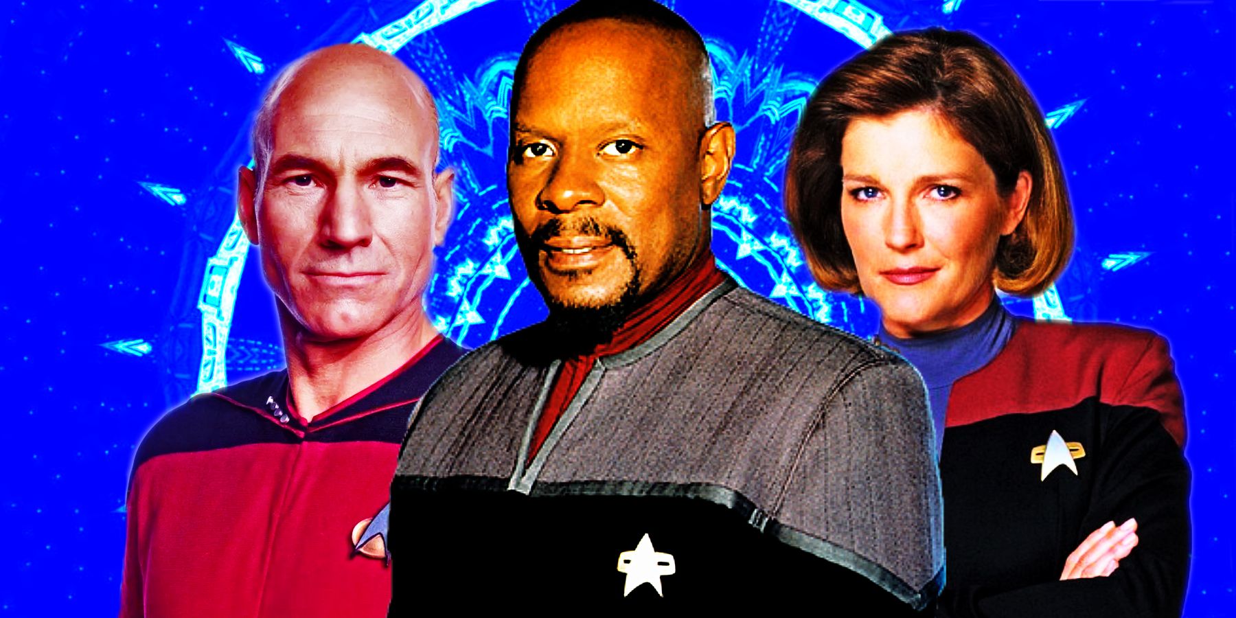 Patrick Stewart, Avery Brooks, and Kate Mulgrew as Picard, Sisko and Janeway from Star Trek