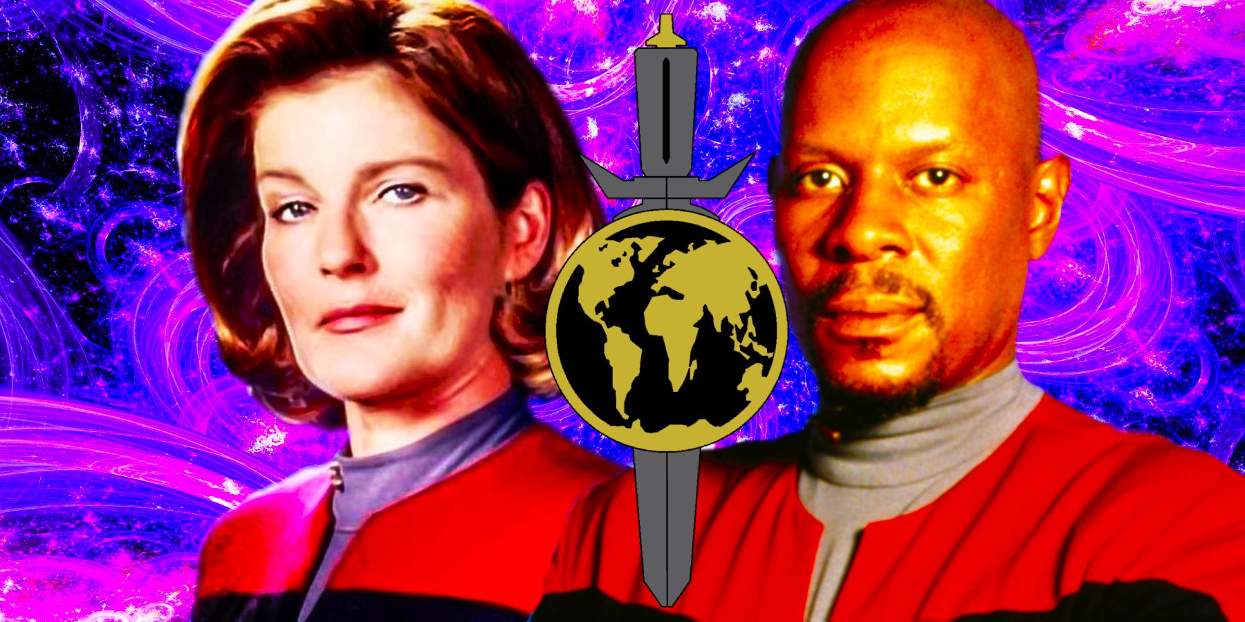 Kate Mulgrew as Kathryn Janeway and Avery Brooks as Captain Sisko from Star Trek, with a Terran Empire insignia between them