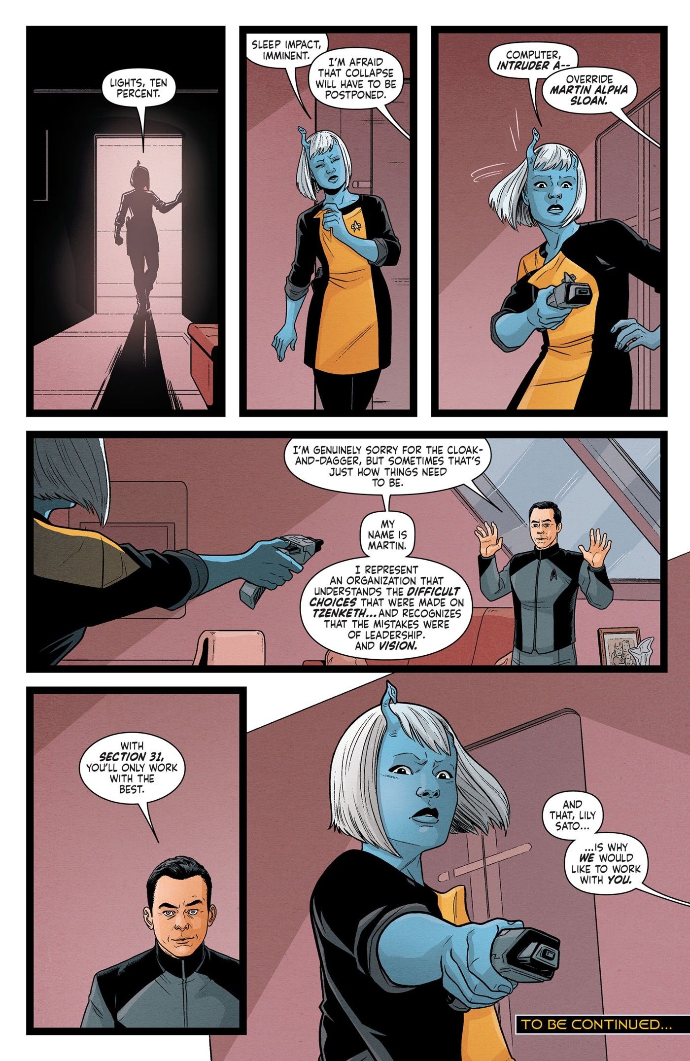 Six panels of Ensign Sato being offered a job with Section 31