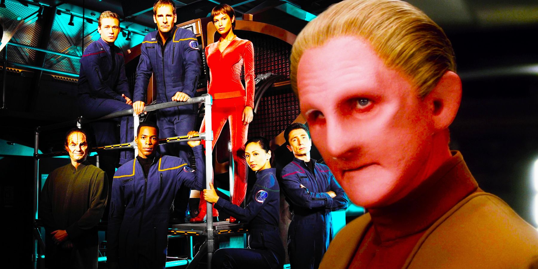 Rene Auberjonois as Odo in Star Trek: DS9 and the cast of Star Trek: Enterprise