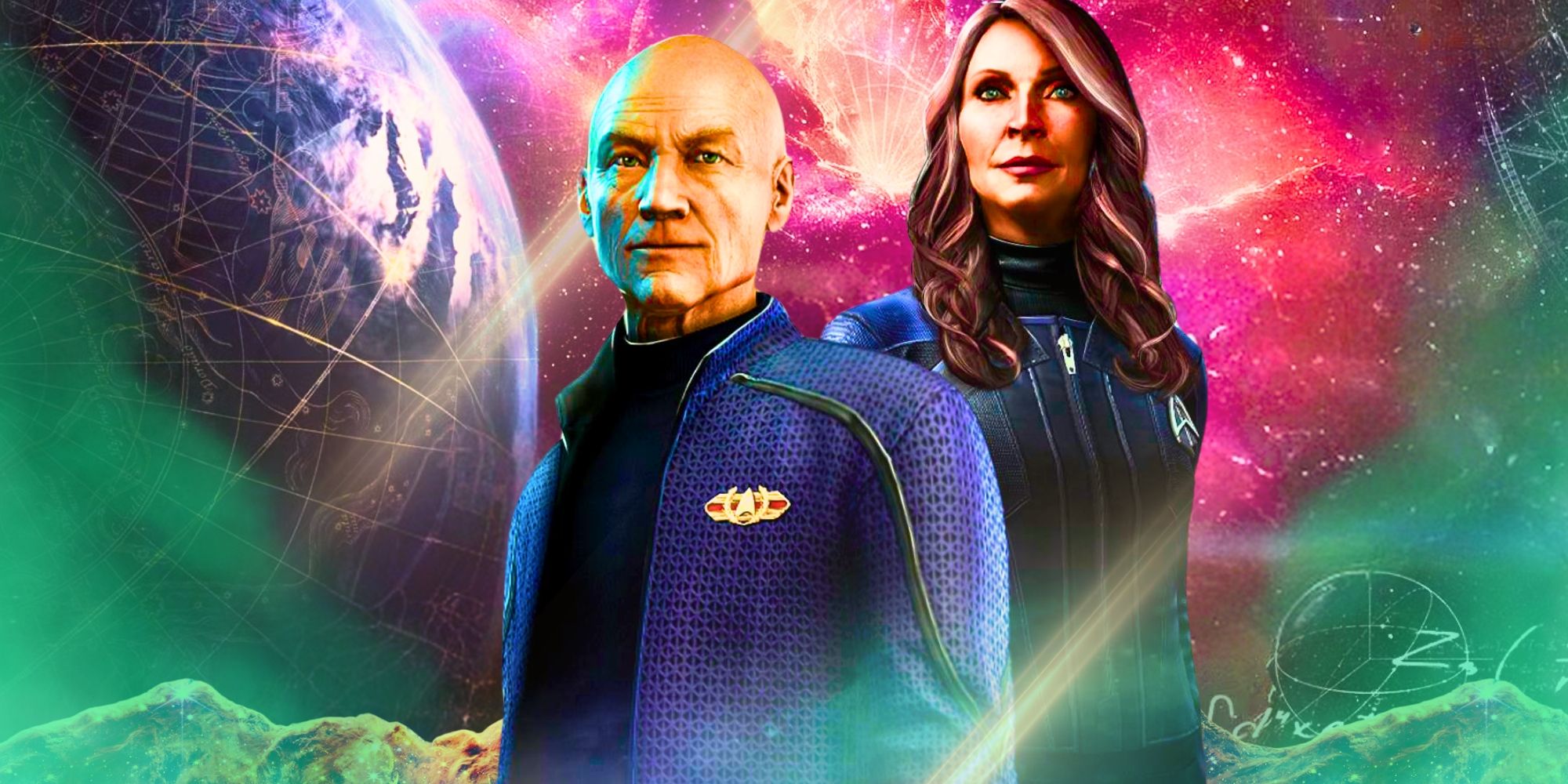 Captain Picard and another Star Trek commander against a galaxy background in Star Trek Fleet Command.