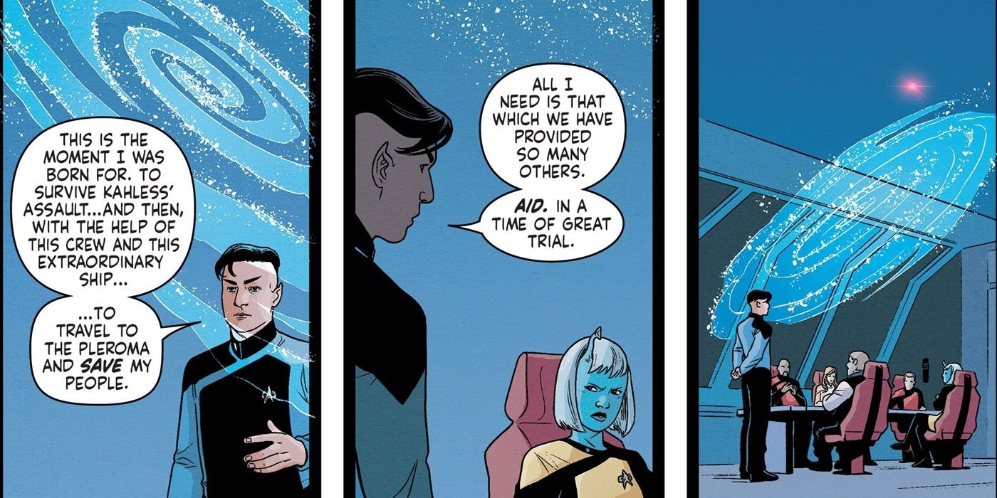 Three panels of T&rsquo;Lir addressing the Theseus' crew