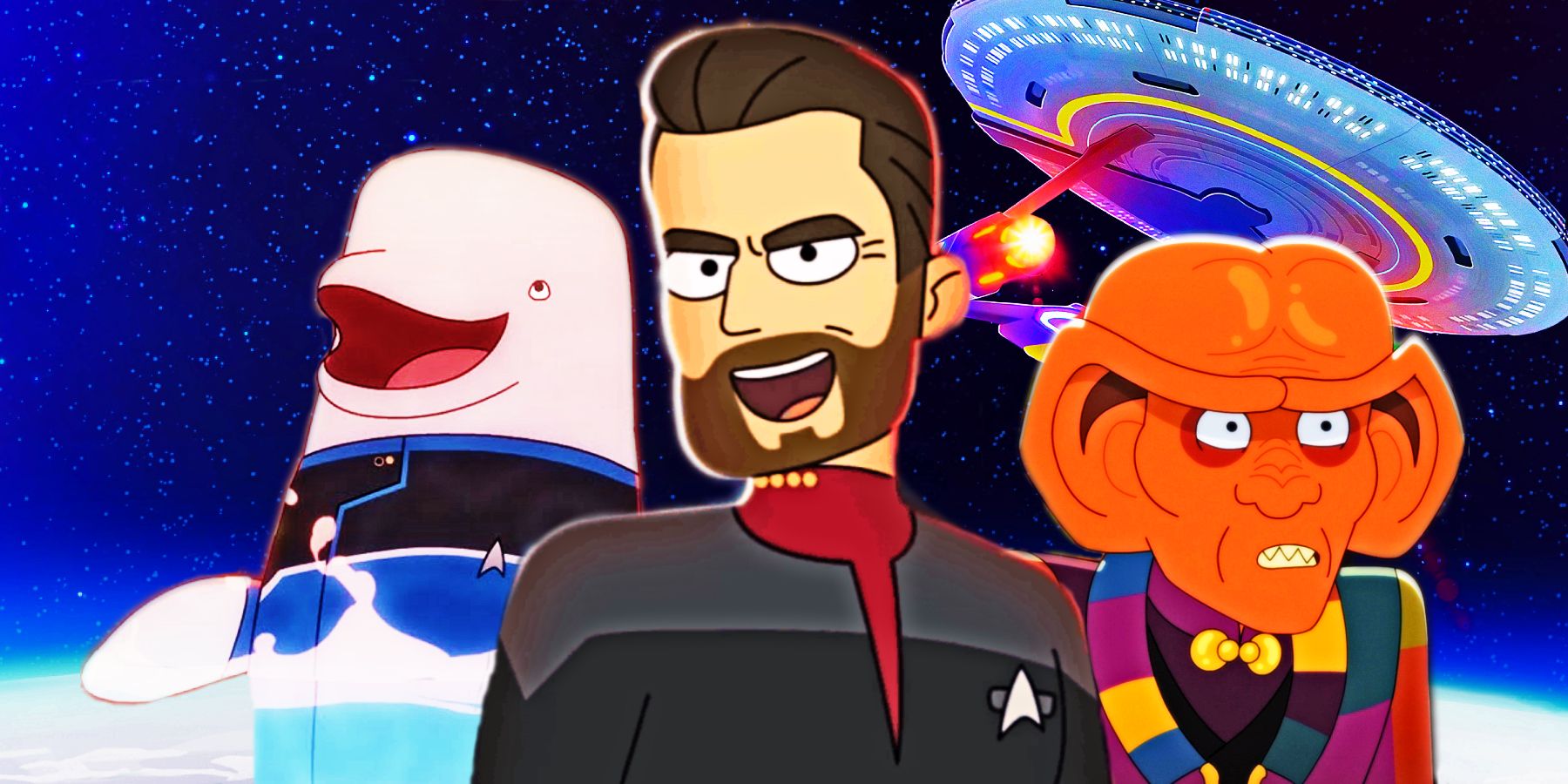 Matt the Beluga whale, Captain Riker, and Quark from Star Trek: Lower Decks