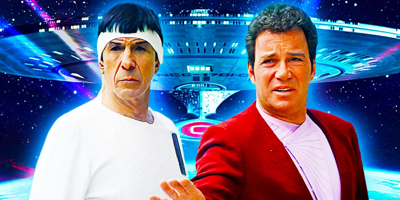 Spock and Kirk in Star Trek IV in front of the USS Enterprise