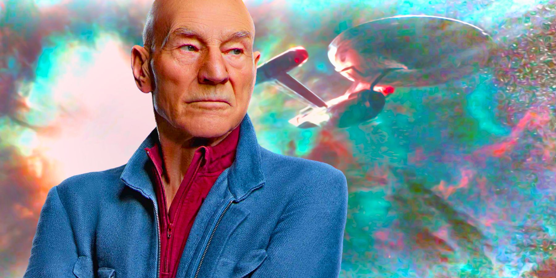 Patrick Stewart as Picard and the ISS Enterprise from Discovery