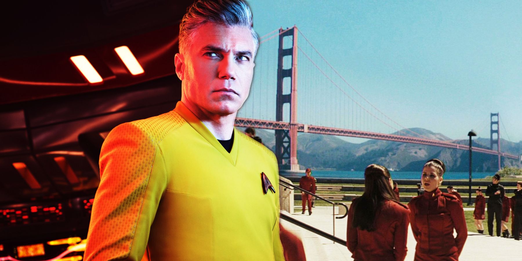 Anson Mount as Captain Pike standing next to Starfleet Academy