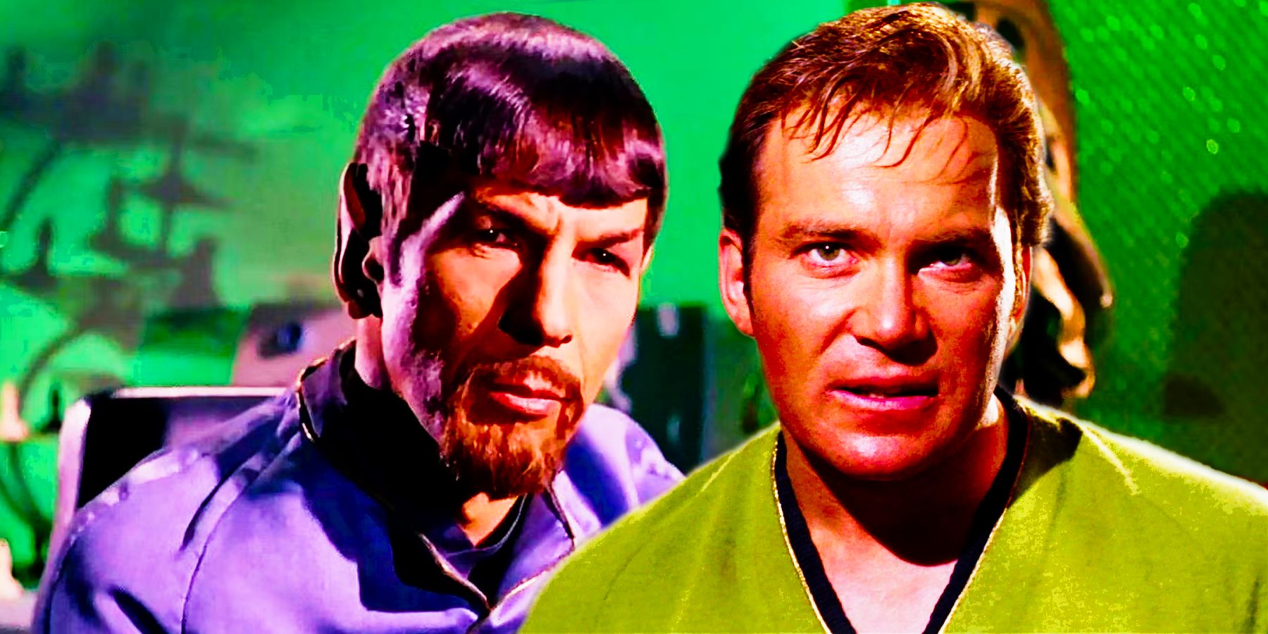 A quizzical Mirror Spock and angry Mirror Kirk from Star Trek