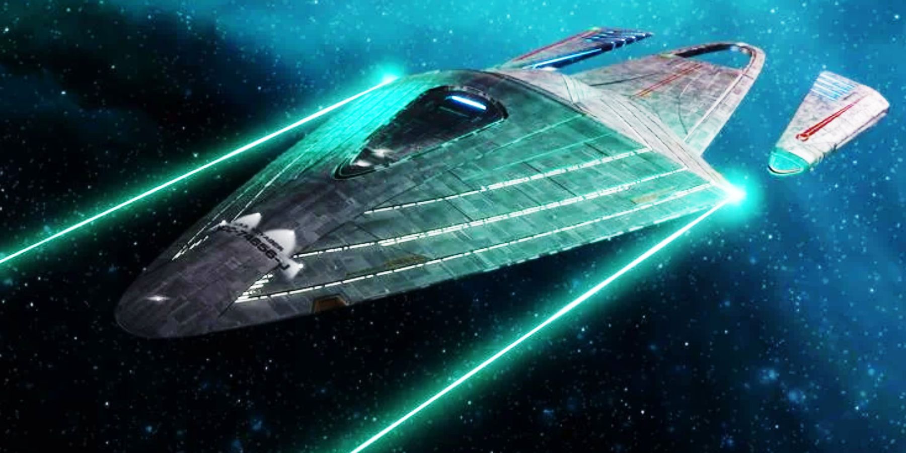 The USS Voyager-J firing green phasers