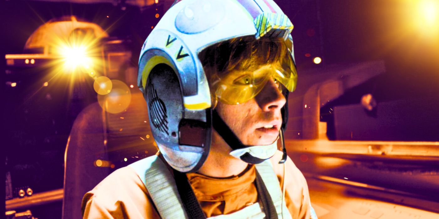 Mark Hamill as Luke Skywalker in A New Hope wearing his starfighter pilot outfit and wearing his Rebel helmet.