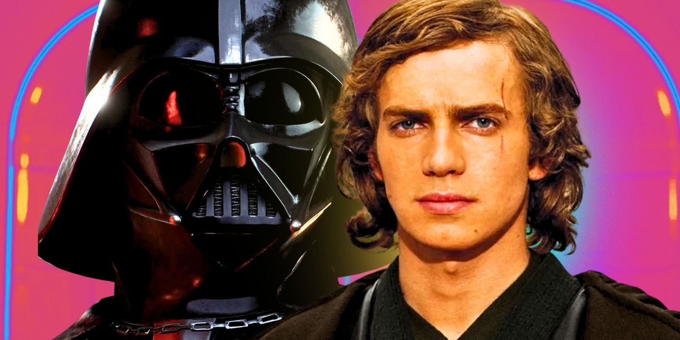 Darth Vader to the left and Anakin Skywalker from Revenge of the Sith to the right in front of a pink background in a combined image