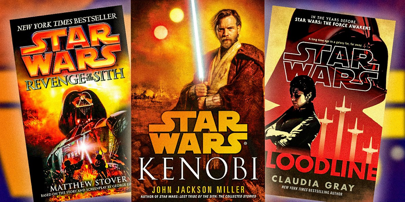 Star Wars book covers for Revenge of the Sith, Kenobi, and Bloodline