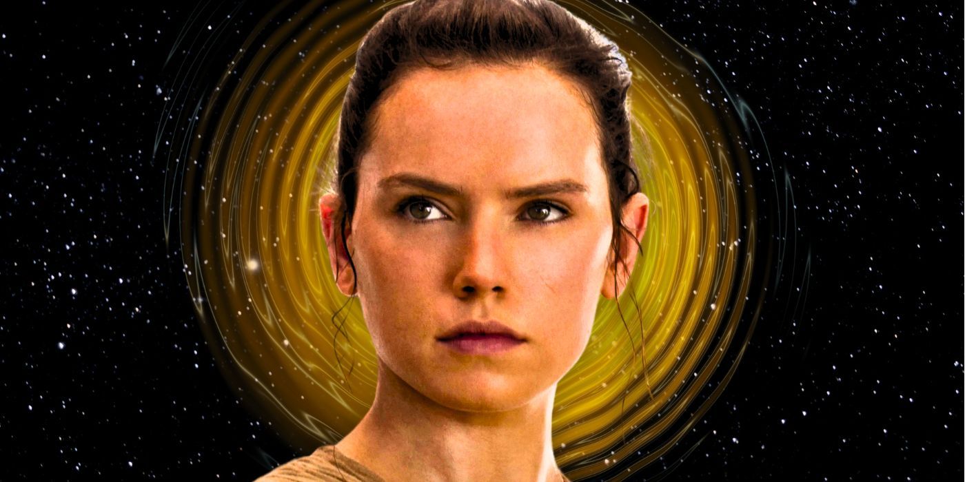 Daisy Ridley scowling as Rey in Star Wars: The Force Awakens (2015) on a yellow and black background