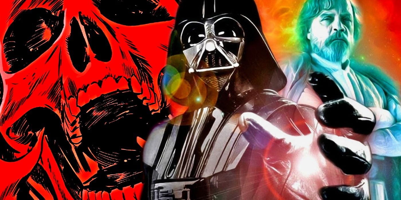 Star Wars' Darth Vader and Luke Skywalker with a skull behind them.