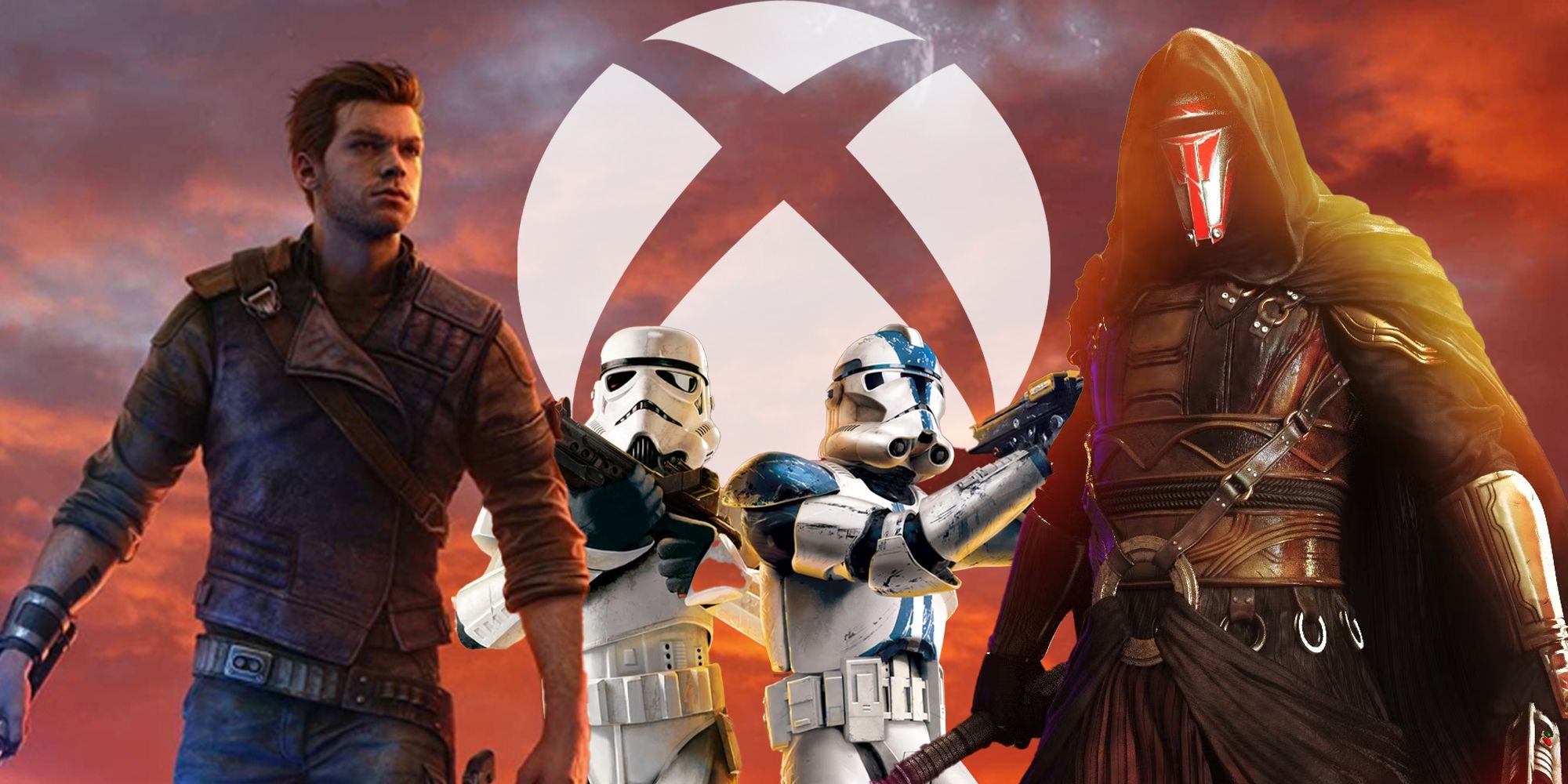 Cal Kestis from Jedi Survivor, Stormtroopers from the Battlefront Collection, and Darth Revan from KOTOR with the Xbox logo behind them
