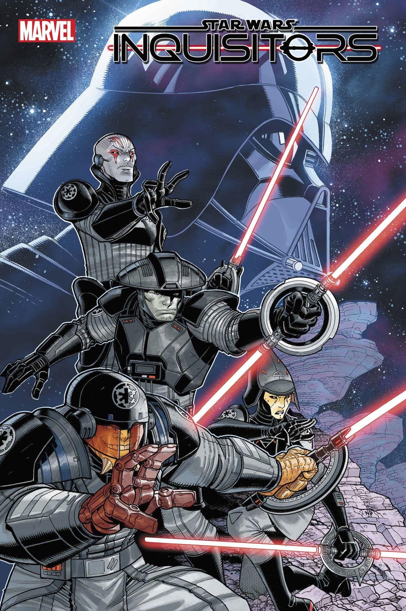Capa principal de Star Wars Inquisitors #1 apresentando os Inquisidores sob a sombra de Darth Vader.