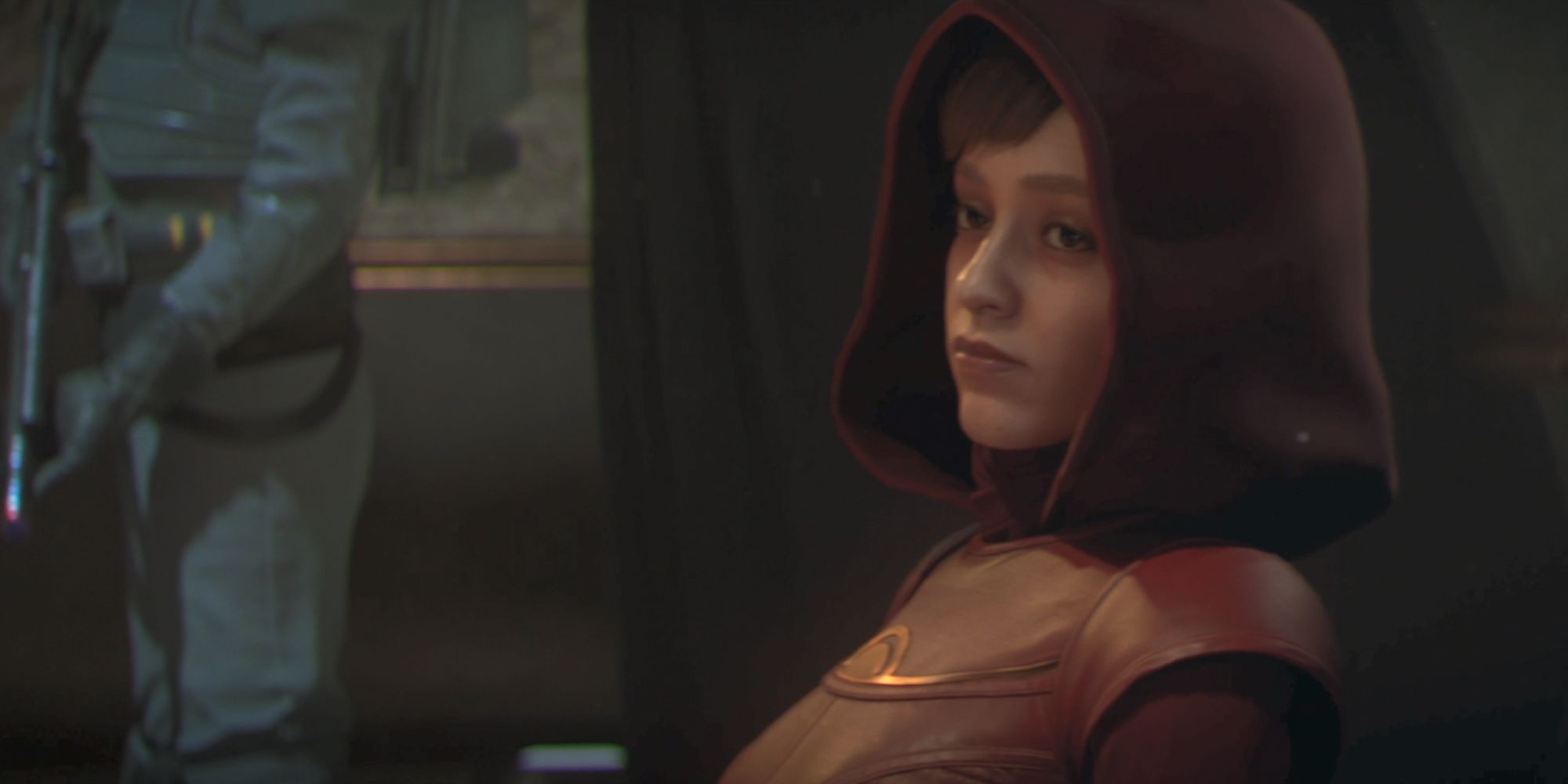 Un representante de Crimson Dawn con capucha roja (tal vez Qi'ra) en una reunión en Star Wars Outlaws.