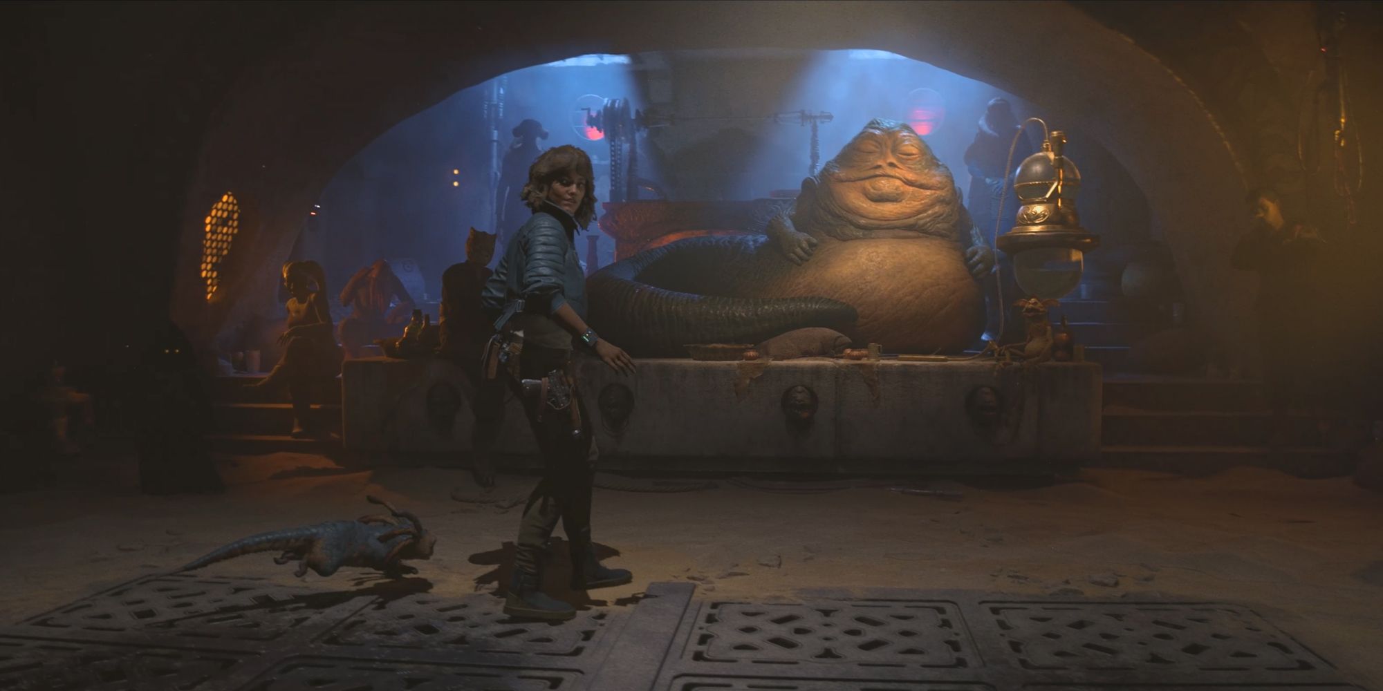 Star Wars Outlaws - Kay stands over the Rancor pit in front of Jabba the Hutt
