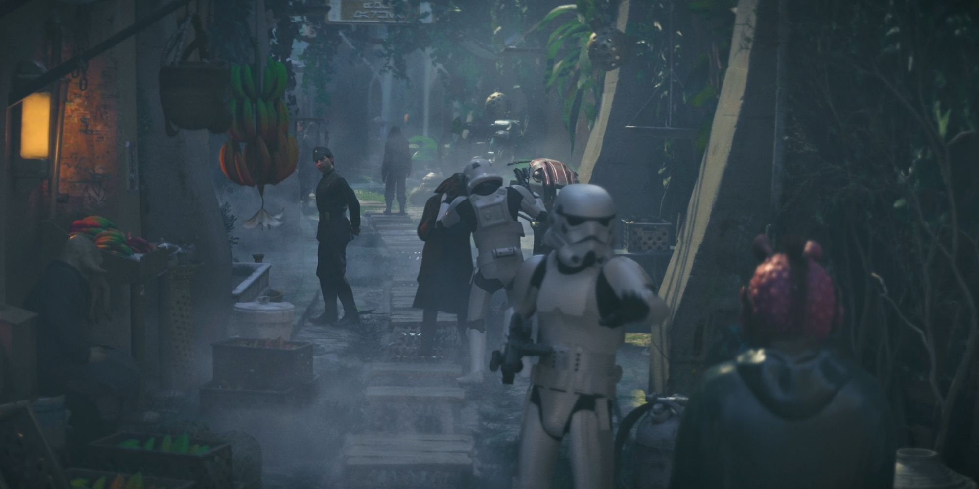 Stormtroopers and Imperial officers patrolling streets in Star Wars Outlaws