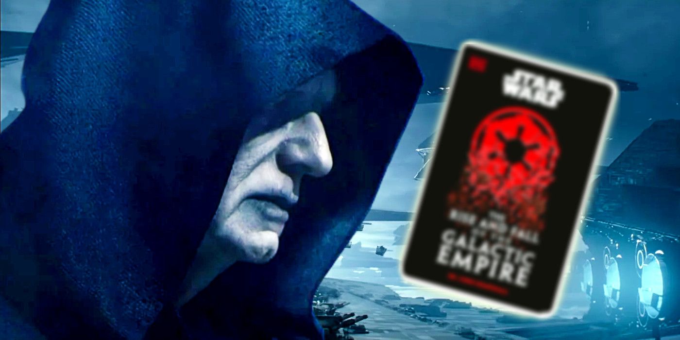 An image of Emperor Palpatine on the left and a blurred image of the book cover for Star Wars: The Rise and Fall of the Galactic Empire on the right, with the Star Destroyers on Exegol from Star Wars: The Rise of Skywalker in the background.