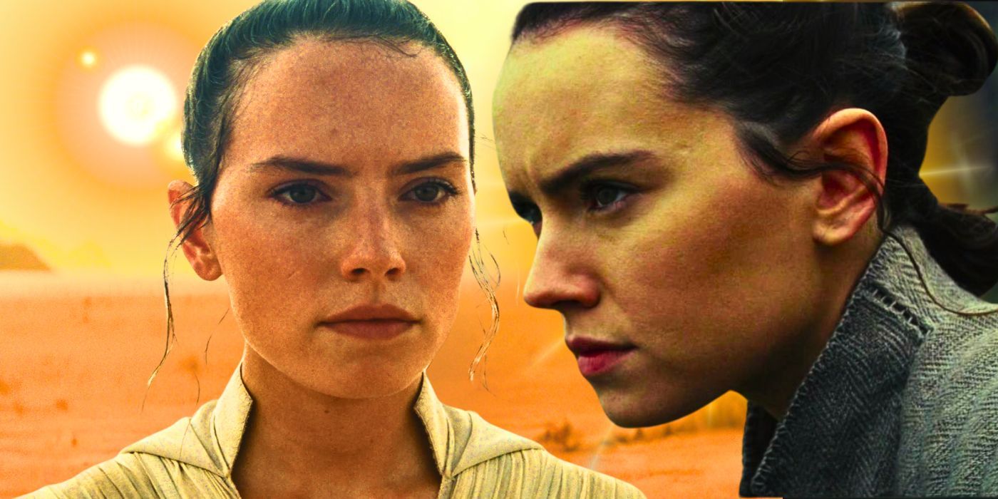 Daisy Ridley as Rey Skywalker with a determined look on her face in the Star Wars sequel trilogy