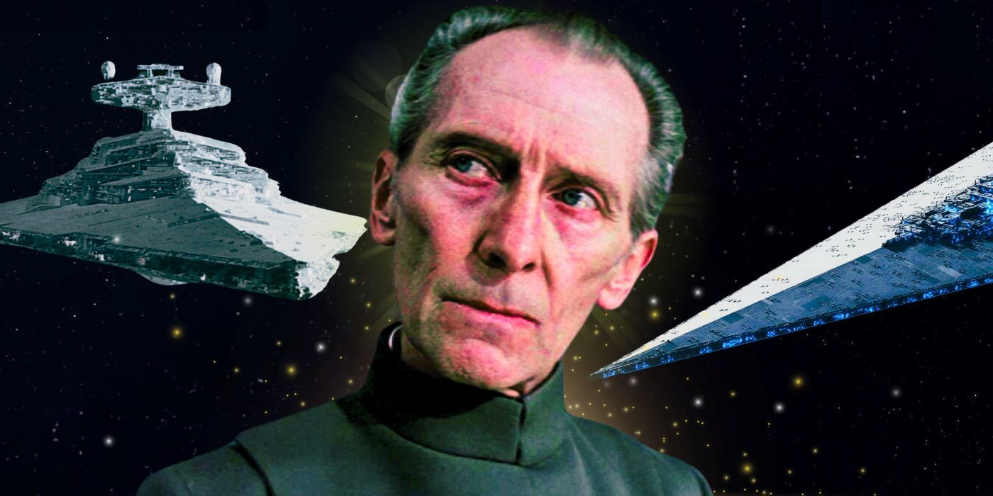 Peter Cushing as Moff Tarkin in Star Wars with Star Destroyers
