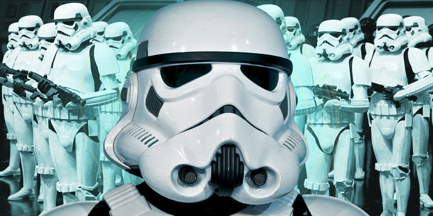 A stormtrooper with several more stormtroopers in the background