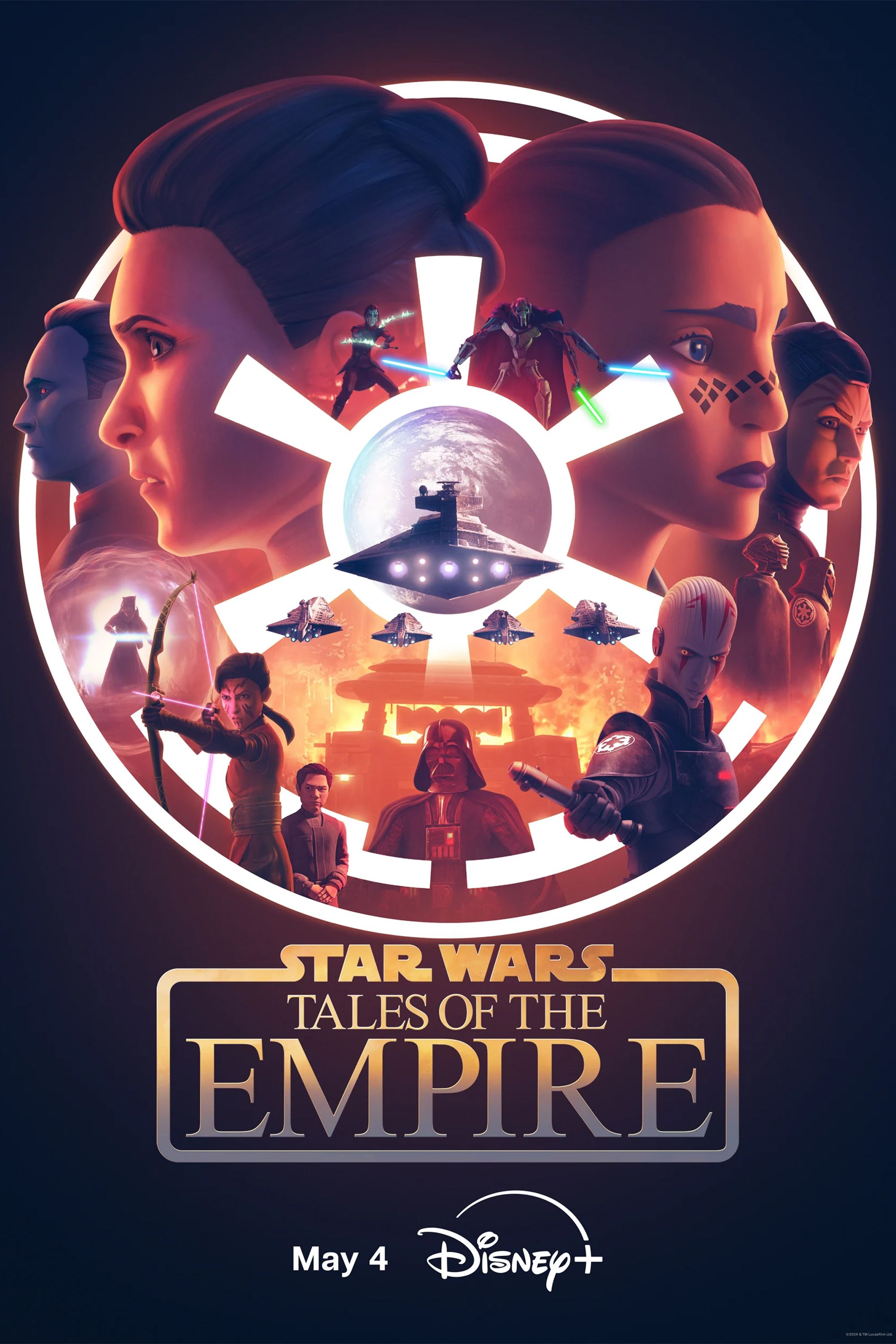Pôster de Star Wars Tales of the Empire mostrando o Grande Almirante Thrawn, Ahsoka, Darth Vader, General Grievous e vários outros personagens dentro do logotipo imperial