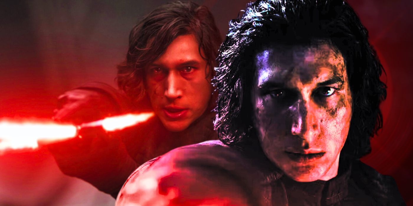 Adam Driver as Kylo Ren with his red lightsaber in the background and in a close-up with dirt on his face in the foreground in a combined image